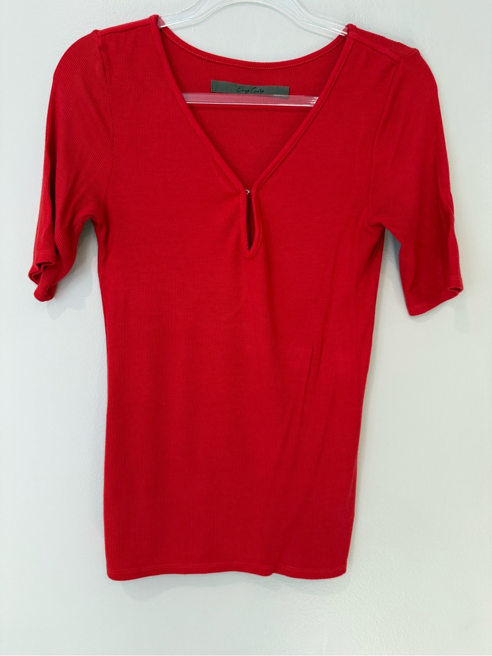 Enza Costa Red Ribbed V-Neck Keyhole Hook & Eye Elbow Sleeve Top